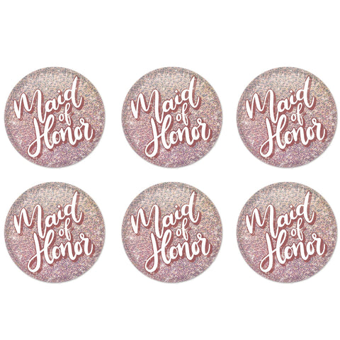 Beistle Maid of Honor Buttons – 6-Pack Glitter Print 2-Inch Rose Gold Prismatic Bridesmaid Party Pins for Bachelorette Parties, Bridal Showers and Wedding Day Outfits, Pin-Back Closure, USA MADE