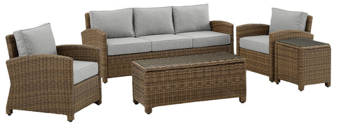 Bradenton 5Pc Wicker Outdoor Sofa Patio Furniture Set Gray/Weathered Brown - Sofa, Side Table, Coffee Table, & 2 Armchairs