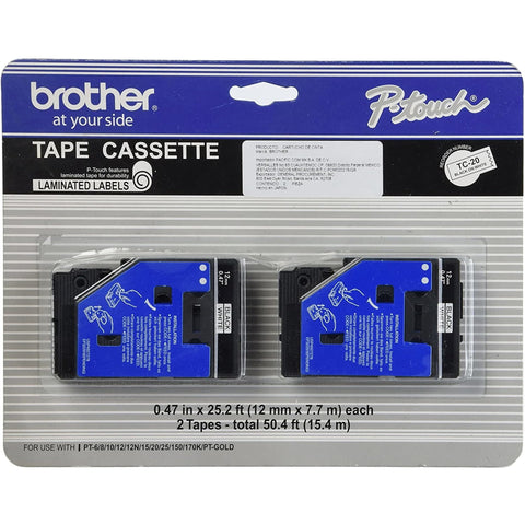 Brother Tc-20 0.47-Inch x 25.2 Ft. - Black On White Tape for Pt-6 8 10 12 15 20 150 170 2-pack