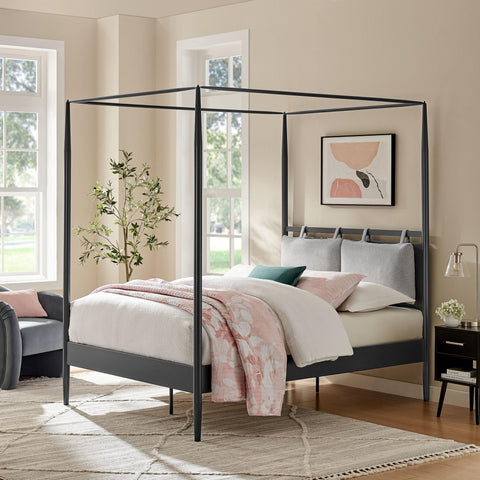 Modway Marlowe Full Size Four-Poster Metal Canopy Bed Frame in Charcoal with Adjustable Cushioned Headboard – Modern Double Platform Bed with Poplar Wood Mattress Support