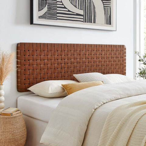 Modway Sparta Vegan Leather Weave King Headboard in Walnut Brown, Faux Leather King Headboard Only with Wall Mount Design for Primary Bedroom or Guest Room