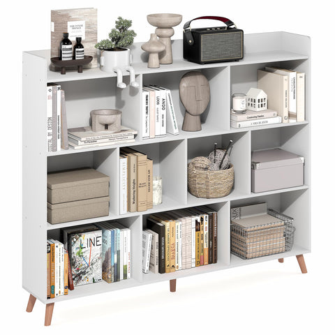Furinno Claude Book Shelf, 10-Cube Mid Century Style Bookshelf, Bookcase, Storage Organizer with Wood Legs, 9.4" x 55.1" x 45.1", for Living Room, Bedroom, Home Office, White