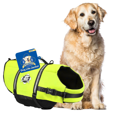 Paws Aboard Dog Life Jacket - Swimming Vest for Dogs, Adjustable, Reflective, Comfortable, Multiple Colors, Patterns, XX-Small to Extra Large Dog Swim Vest with Handle (Neon Yellow, Large)