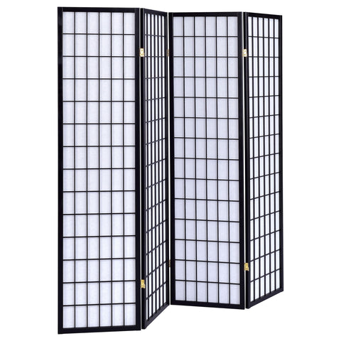 Coaster Home Furnishings - Roberto - Solid Wood - 70-Inch 4-Panel Room Divider Folding Shoji Screen with White Paper Panels and Grid Design - Living Room & Bedroom - Black and White - 4624