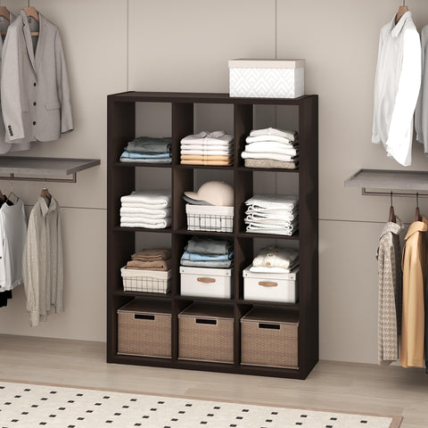 Furinno Cubic Closet Organizers and Storage, 12-Cube Closet Organizer, Open Shelf Closet Storage, Extra Thick Frame for Wardrobe, Bedroom, Living Room, Dark Oak