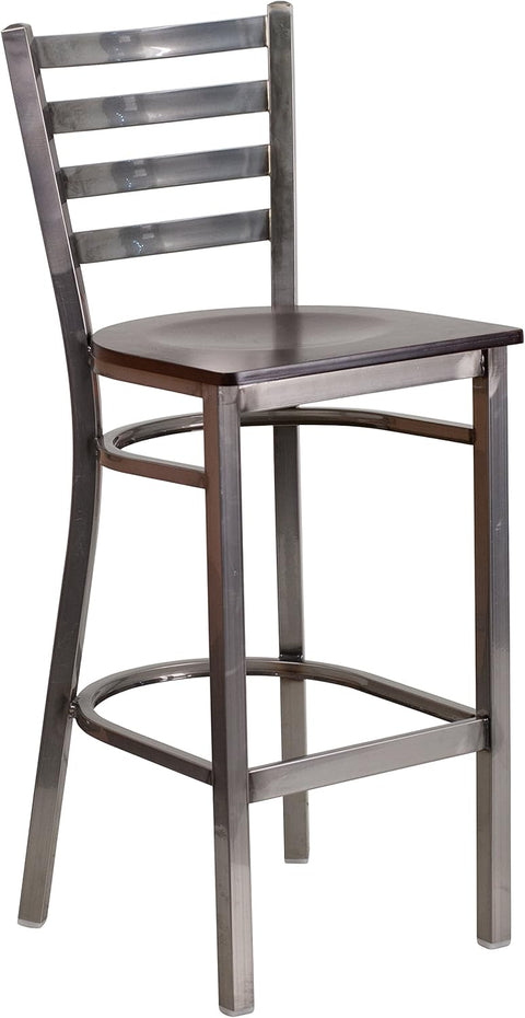 Flash Furniture HERCULES Series Clear Coated Ladder Back Metal Restaurant Barstool - Walnut Wood Seat