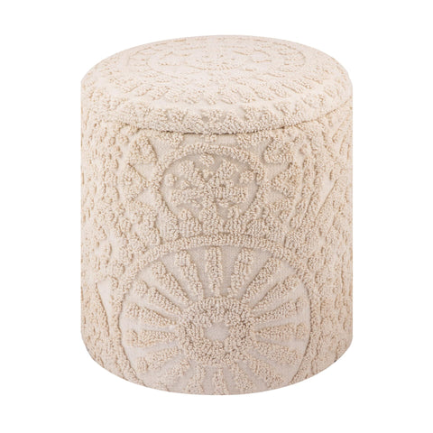 Carolina Chair & Table Handwoven Fabric Storage Ottoman with Round Wooden Base - Solid Wood Frame, Hidden Storage Pouf Stool - Compact Foot Stools for Bedrooms, Entryways, Living Rooms (Ecru Sun)