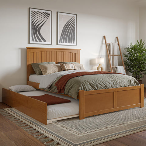 AFI Nantucket Full Solid Wood Platform Bed with Footboard & Twin Trundle in Light Toffee