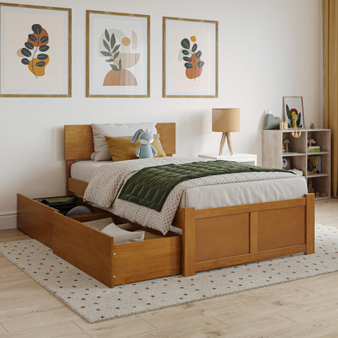 AFI Orlando Twin Solid Wood Platform Bed with Footboard & Storage Drawers in Light Toffee