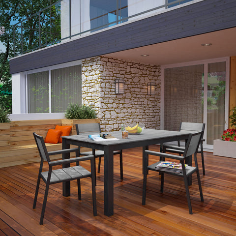 Modway Maine Aluminum 5-Piece Outdoor Patio Dining Set with 63" Dining Table and Four Dining Armchairs in Brown Gray