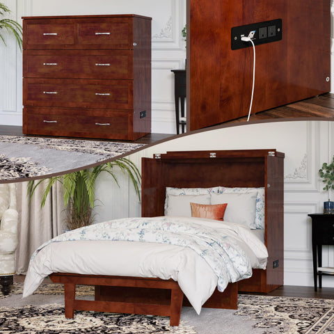 AFI, Northfield Murphy Bed Chest Twin XL with 6" Mattress, Storage Drawer & Built-in USB Charger, Walnut