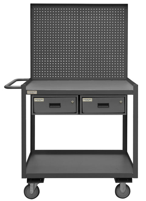 Stock Cart/WorkStation With Pegboard Panel 2 Shelves 24 x 48 14 Gauge 1200 lbs. Capacity 2 Drawers 5 x 1-1/4 Polyurethane Casters - (2) Rigid (2) Swivel with Side Brakes Gray