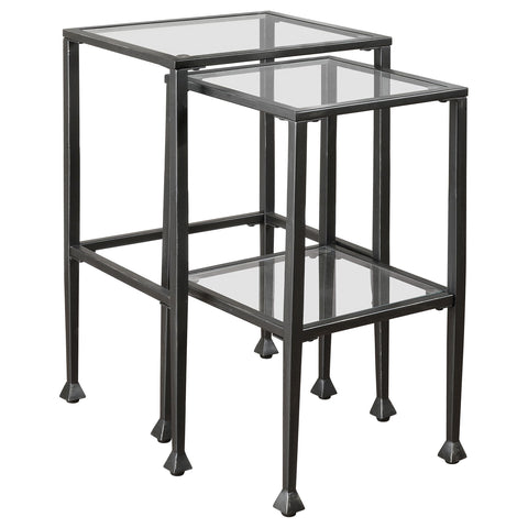 Coaster Home Furnishings - Leilani - 2-Piece Glass Top Nesting Table Set with Metal Frame and Glass Shelves - Rustic - Living Room - Black - 901073