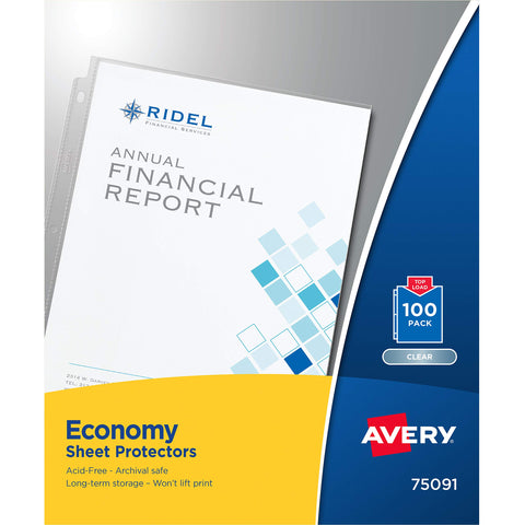 Avery Economy Weight Sheet Protectors, Acid Free, 8.5" x 11", 100 per Pack, 100 Clear Document Protectors Total (75091)