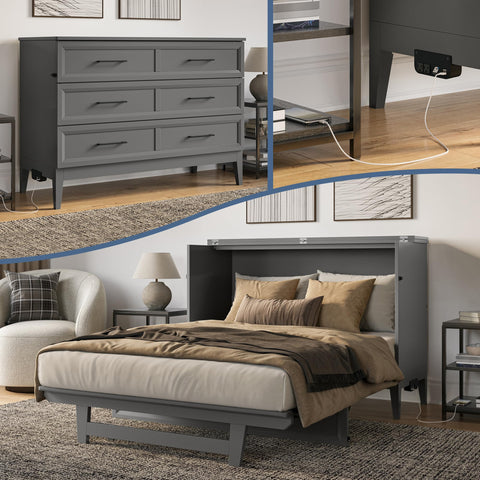 AFI, Santa Fe Full Murphy Bed Chest with 6" Mattress & Built-in USB Charger, Grey