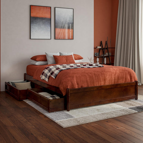AFI, Barcelona Full Panel Platform Bed with Storage Drawers, Walnut
