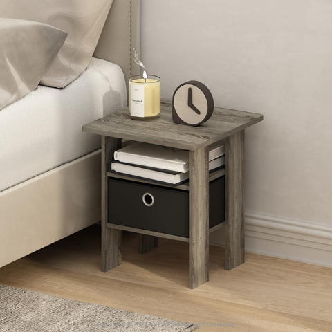 Furinno Tidur Bedside Table Nightstand with Bin Drawer French Oak/Black
