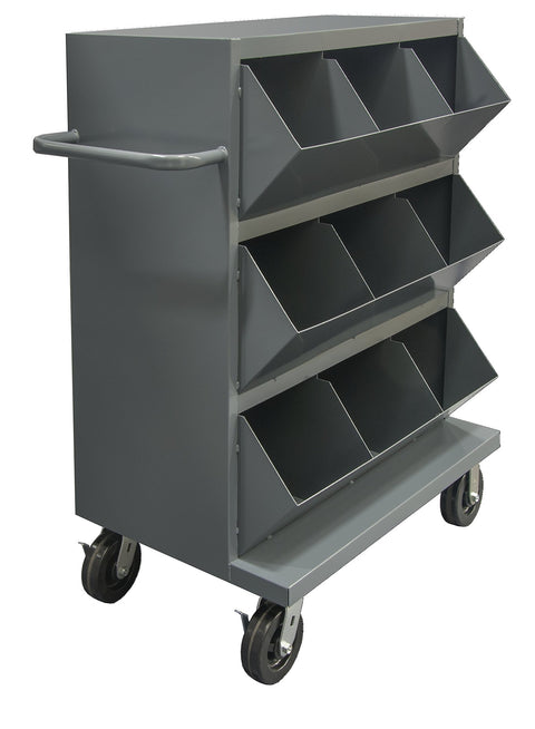 36 Wide 14 Gauge Mobile Storage Bins With 9 Open Bins 1 Top Shelf Tubular Push Handled Gray