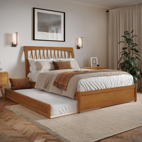 AFI, Roslyn Full Platform Bed with Panel Footboard & Twin Trundle, Light Toffee
