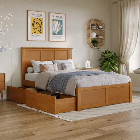 AFI, Madison Full Platform Bed with Footboard and Storage Drawers, Light Toffee