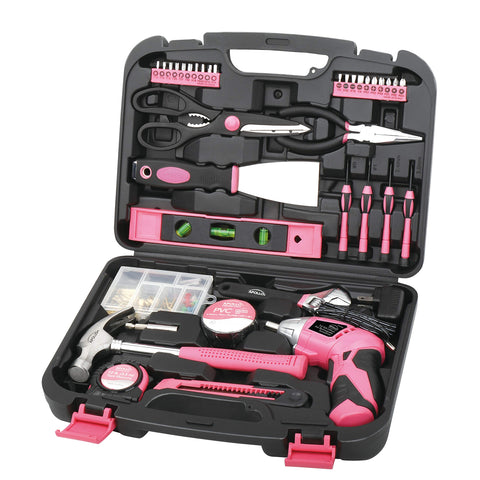 Apollo Tools 135 Piece Household Pink Hand Tools Set with Pivoting Dual-Angle 3.6 V Lithium-Ion Cordless Screwdriver - DT0773N1