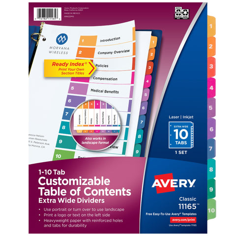 Avery® Extra-Wide Dividers for 3 Ring Binders, 10 Tabs per Set, Customizable Table of Contents, Multicolor Tabs, Works Great with Sheet Protectors (11165)