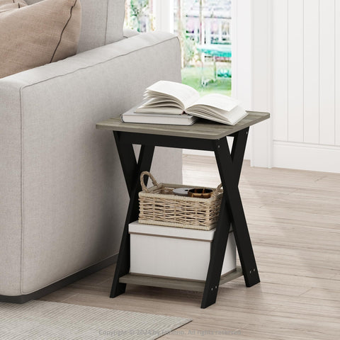 Furinno Modern Side Table, X-Legs End Table with Open Shelf, Criss-Crossed Night Stand, Bedside Table, Easy Assembly, for Living Room, Bedroom, Grey Oak