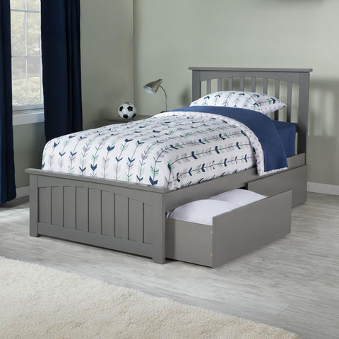 AFI, Mission Twin XL Platform Bed with Matching Footboard, Storage Drawers, and Attachable USB Charger, Grey