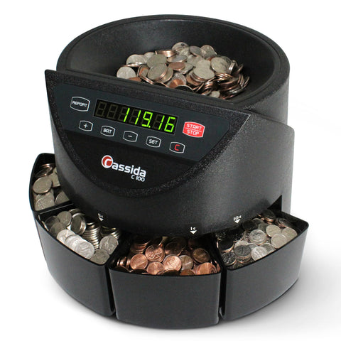 Cassida C100 Electronic Coin Sorter/Counter, Countable coins 1¢, 5¢, 10¢, 25¢, 250 coins/min, 110 VAC