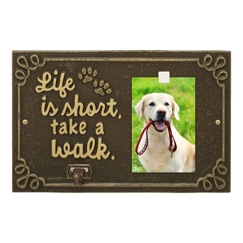 Whitehall Pet Photo Plaque Leash Hook - Cast Aluminum Life is Short Take a Walk Keepsake Animal Paw Print Wall Sign and Leash Holder with Picture Clip - Antique Brass