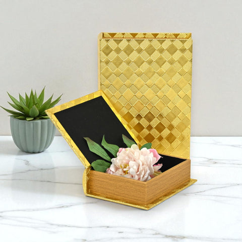 Zuleika Set of 2 Decorative Nesting Rectangular Book Shaped Storage Boxes - Gold Diamond Checkered Pattern - For Organization, Trinkets, Keepsakes - By Cheungs