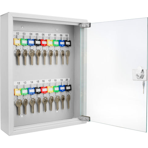 Barska 20 Key Lock Box with Glass Door – Wall Mount Key Cabinet with Labeled Shelves, Colored Key Tags, Solid Steel Construction, Gray – Secure Key Organizer for Home & Office