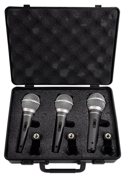 SAMSON Q6 3-Pack Dynamic Vocal Cardioid Handheld Microphones+Mic Clips+Foam Case