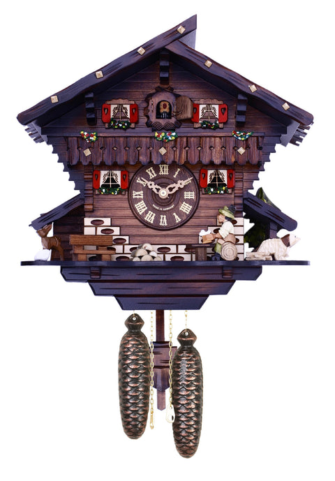 River City Clocks 12" Eight Day Chalet Mechanical Cuckoo Carved Deer, Dog, Drinker Drinking Beer Wall Clock, Brown