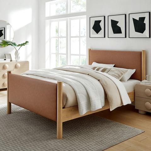 Modway Maven Full Size Bed Frame in Tan Oak with Faux Leather Upholstered Headboard and Footboard – Wood Full Platform Bed Frame – No Box Spring Needed