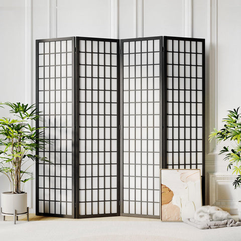 JOSTYLE 6ft Room Divider Wall Shoji Screen, 4 Panel Folding Privacy Screen for Room Separation, Japanese Wood Room Divider, Black, 70.9" H x 69" W