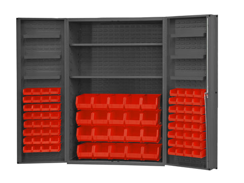 Heavy Duty Cabinet 14 Gauge 48 x 24 x 72 2 Adjustable Shelves 84 Red Bins 4 Inch Deep Box Doors with Louvered Panel 6 Door Shelves Lockable Chrome Handle with Keys Gray