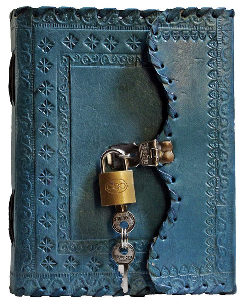 TUZECH Leather Journal for Men and Women Diary to Write Poems,Sketchbook Book of Shadows, Record Keeping Notebook Personal Memoir with Lock and Key Leather Bound - Unlined (Blue)
