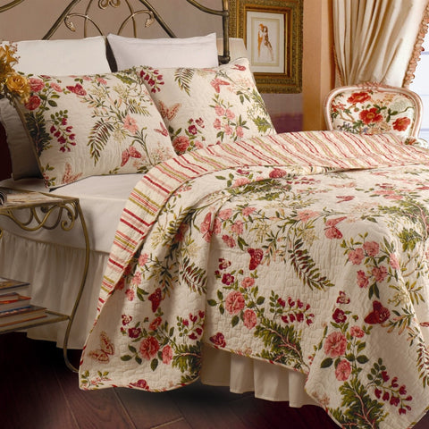 Fast Furnishings Twin Size 100% Cotton Quilt Set with Sham in Pink Floral Butterfly