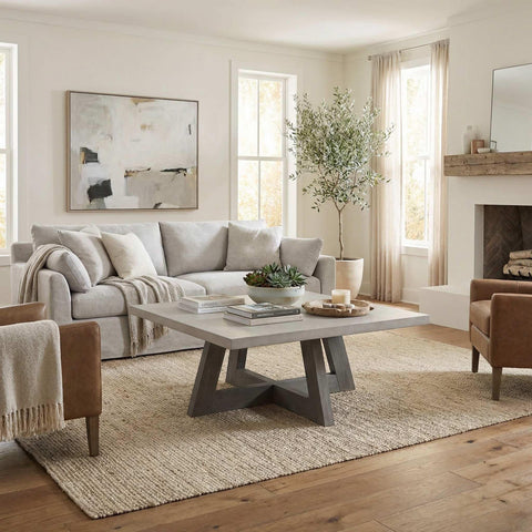 Carolina Chair & Table Largo Grey Square Coffee Table, 39.5" W x 39.5" D x 19" H, White Spray Concrete Top, Brushed Acacia Frame, Industrial Modern Style, Durable and Stable, Living Room