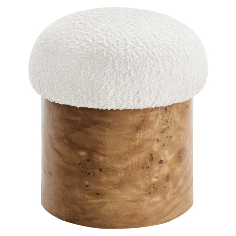 Modway Breeze Boucle and Burl Wood Veneer Round Ottoman in Ivory Burl - Soft Multifunctional Stool in Soft Fabric Upholstery - Modern Mushroom Ottoman Footrest and Versatile Side Table