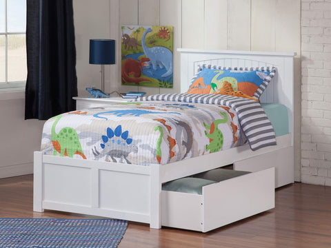 Nantucket Twin Platform Bed with Flat Panel Footboard and Turbo Charger with Urban Bed Drawers in White