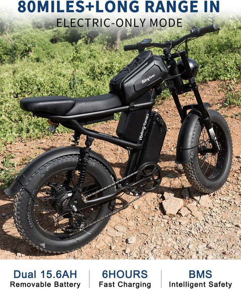 Riding'times Z8PRO Moped Style Ebike for Adults 1500W, 31.2AH Dual Battery Electric Dirt Bike with Long Seat & 20" Fat Tire, Max 31MPH & 40-150 Miles, Full Suspension E Bike All Terrain