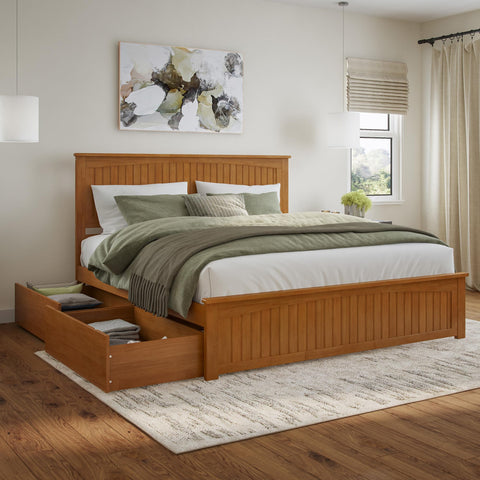 AFI, Nantucket King Platform Bed with Matching Footboard and Storage Drawers, Light Toffee