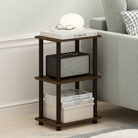 Furinno Turn-N-Tube Side Table, 2-Tier End Table with Open Shelf, Easy Assembly Night Stand, Bedside Table with Round Tube, for Living Room, Bedroom, Walnut