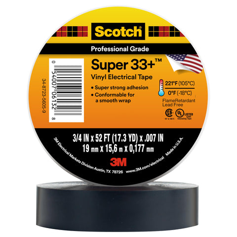 3M Scotch Super 33+ Electrical Tape - 3/4 in x 52 ft, Premium Grade All-Weather Vinyl, Resistant to Abrasion, Moisture, Corrosion, Alkalies - Black, 1 Roll