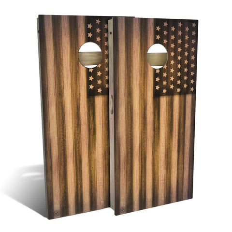 Skip's Garage Burnt Wood American Flag All-Weather Cornhole Board Set - Regulation 2x4 (24" x 48") - Includes (2) Boards, (8) Bags, (2) Board Hole Lights & 2 Board Edge Lights