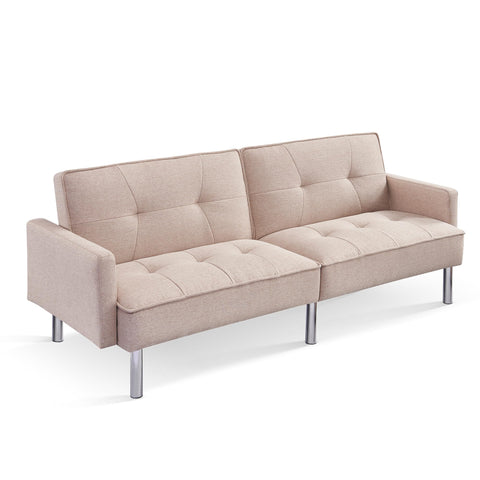 American Furniture Classics Tufted Futon Convertible Sofa Sleeper with Two Throw Pillows in Beige Velvet