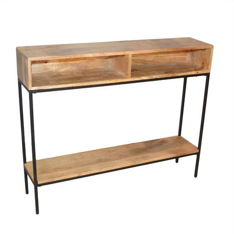 Carolina Chair & Table Elias Rectangular Console Table with Shelf and Cubbies - Industrial Metal Frame, Hand Finish Solid Wood Table - Modern Storage Furniture for Bedroom, Entryways (Natural/Black)