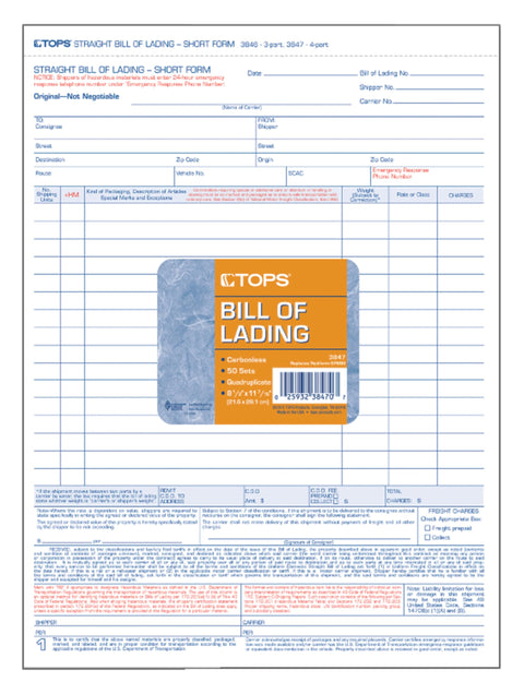 TOPS Bill of Lading 16-Line, Four Part Carbonless Sheet, 50 Sets/50-Pack - 3847